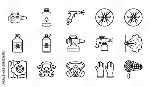 Photos Pest Control Icons, Insecticide Sprayers, Masks, Nets, Vector Graphics Set