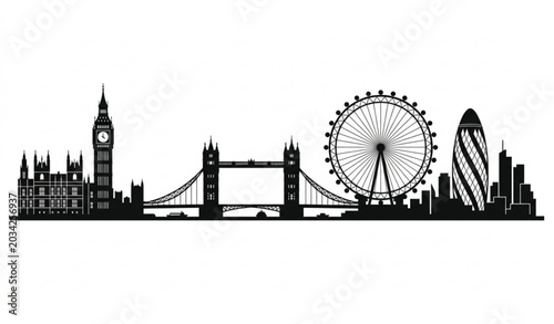 Canvas Print London Skyline Silhouette Vector with Big Ben Tower Bridge and Modern Landmark C