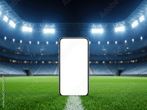 Smartphone with a blank screen standing on a soccer field in a bright stadium at night