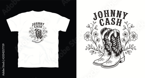 Johnny Cash cowboy boots t-shirt design vector with floral elements.