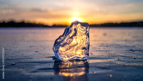 Ice shard catches golden sunset on frozen surface