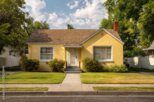 Cozy yellow single-family house with well-kept lawn and straight concrete walkway in bright daylight