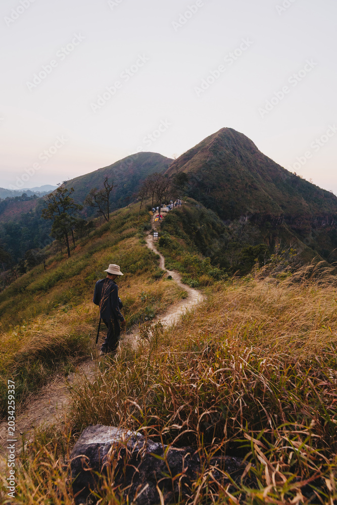 Obraz premium A hiker walks along a narrow dirt trail on a grassy mountain ridge heading towards a scenic peak at twilight.