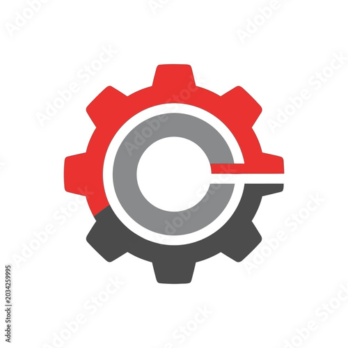 Mechanical Gear With A Letter C Shape Inside Colored In Red And Gray On A White Background