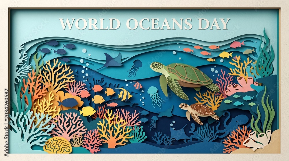 Fototapeta premium Underwater Coral Reef Vector Background for World Oceans Day