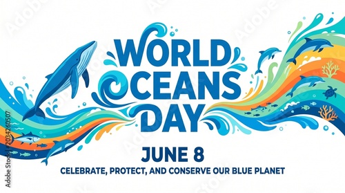 Creative Typographic Blue Wave Poster for World Oceans Day