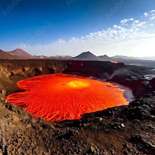 Glowing lava lake in volcanic crater under sky