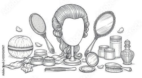 Tableau sur toile Vintage Wig, Mirrors, Perfume Bottles, and Cosmetics Illustration