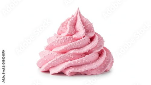 Swirl of pink whipped cream topping with sugar sprinkles on a plain white background