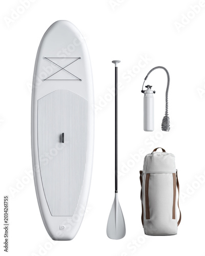 Inflatable stand up paddleboard kit with paddle pump and carry backpack isolated on transparent background