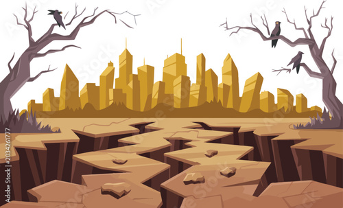 Apocalyptic city landscape with earthquake cracks in dry land desert and dead trees with ravens representing climate disaster vector.