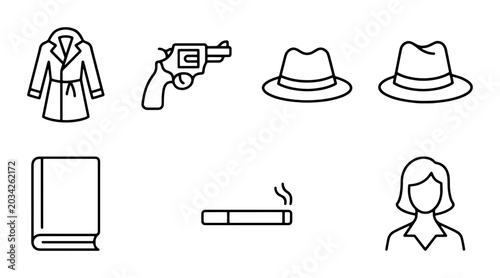 Vászonkép Detective Icons Set, Vintage Crime Noir Symbols, Mystery Investigation Vector Gr