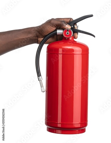 Hand holding a red fire extinguisher against white