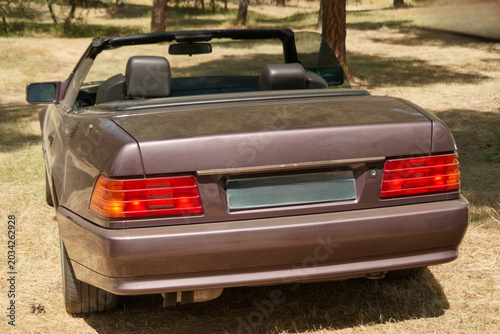 Classic convertible car parked in grassy area during daytime under trees