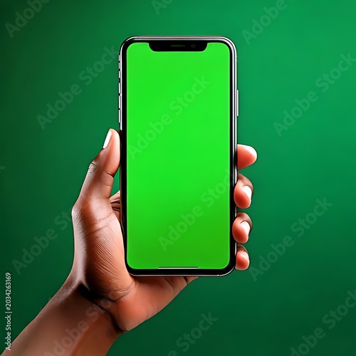 Hand holding a smartphone with a green screen