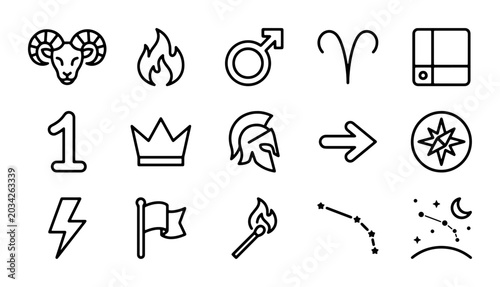 Foto Astrology Zodiac Icons Set, Aries Ram Symbol, Celestial Constellations, Cosmic E