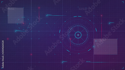 Futuristic digital HUD interface with glowing radar rings, data nodes, grid lines, and targeting graphics on a dark blue technology background