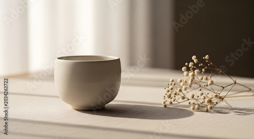 Minimalist ceramic cup and dried flowers still life with soft sunlight
