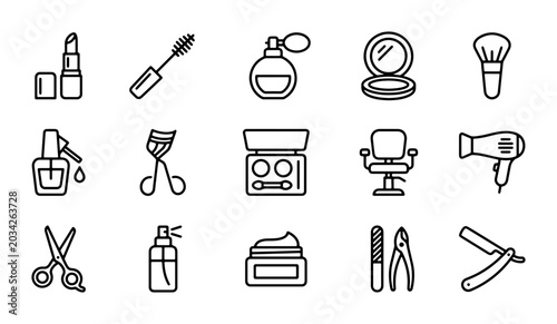 Photos Beauty Icons Set: Makeup, Hair Styling, and Skincare Tools Vector Graphics