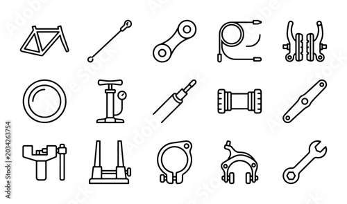 Tableau sur toile Bicycle Parts Icons, Cycling Components Line Art, Bike Repair Tools Vector Set