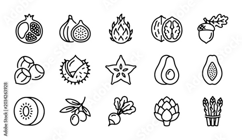 Bild auf Leinwand Outline Fruit and Vegetable Icons: Healthy Food Graphics, Fresh Produce Vector S