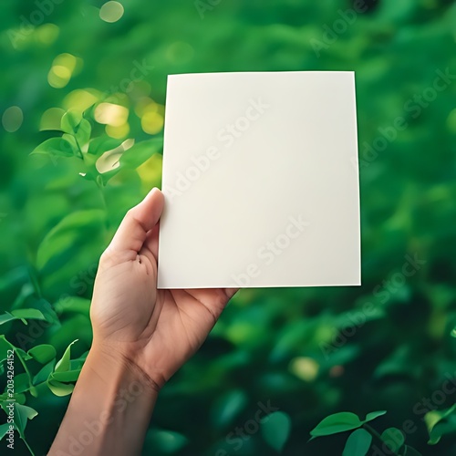 Hand holding blank card amidst lush green foliage