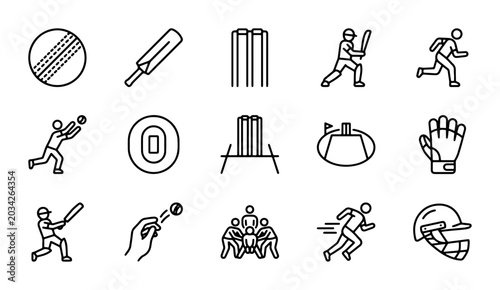 Fényképezés Cricket Icons Set, Sport Equipment and Players, Vector Graphics Collection