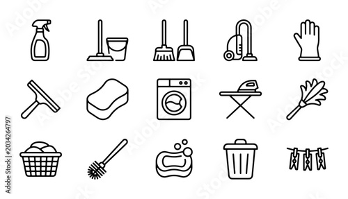 Canvastavla 15 Cleaning Icons Set, Household Chores Vector Graphics, Home Maintenance Tools