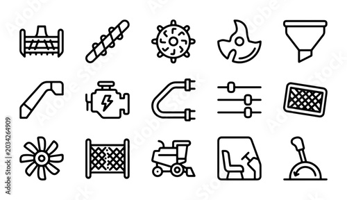 Schilderij op canvas Agricultural Machinery Icons: Combine Harvester Parts, Farming Equipment Symbols