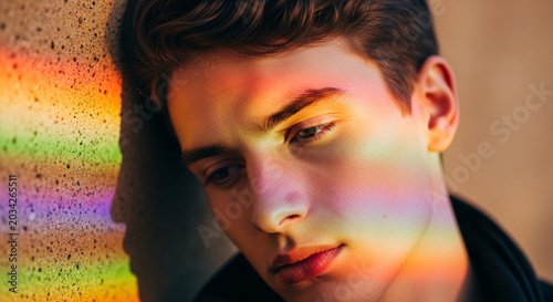 Close-up of a young man's face illuminated by rainbow light, suggesting hope, diversity, and individuality, representing a moment of introspection and warmth