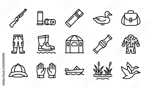 Foto Hunting Icons Set: Duck, Shotgun, Boots, Camo Gear, Boat, 15 Vector Elements