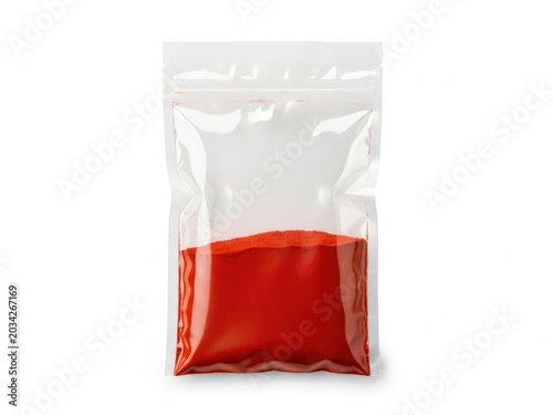 Transparent plastic ziploc bag filled with red chili powder on a white background