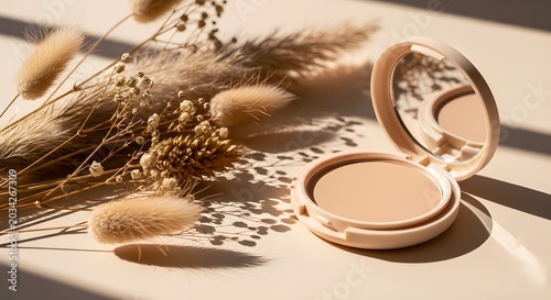 Pressed powder compact with dried floral arrangement beauty product still life