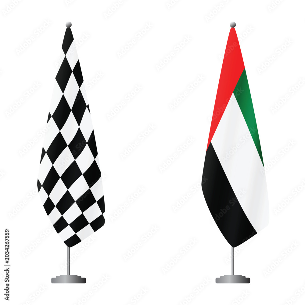 Obraz premium Checkered and United Arab Emirates flags on flagpoles for official ceremonies and meetings, transparent background vector