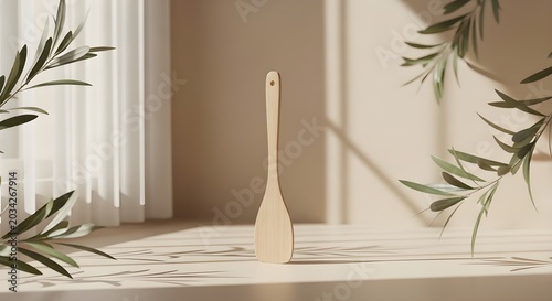 Minimalist kitchen scene with wooden spatula and olive branches