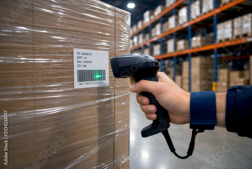 Worker hand scanning barcode label on wrapped pallet with handheld terminal in warehouse. Logistics management, inventory control, stock tracking and modern supply chain distribution mockup.
