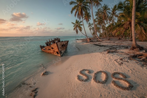 Deserted tropical island with SOS letters on sand and a weathered shipwreck by a tranquil shoreline at sunset