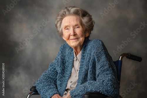 Dignified studio portrait of a senior woman with wheelchair in a neutral setting