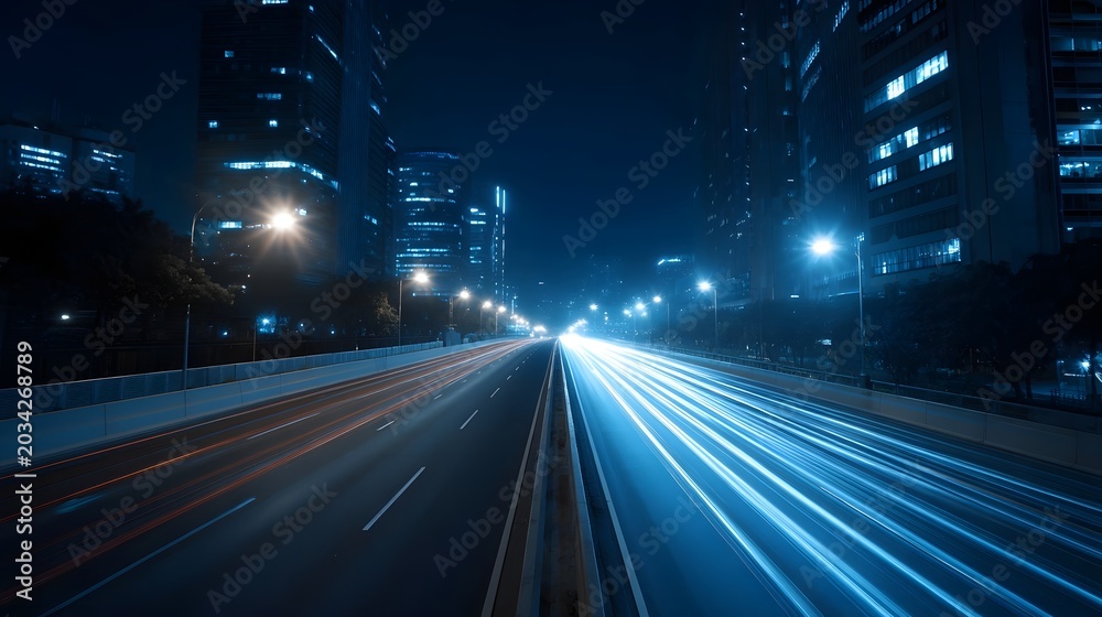 Naklejka premium A wide view of a modern city road lined with tall buildings at night illuminated by bright streetlights