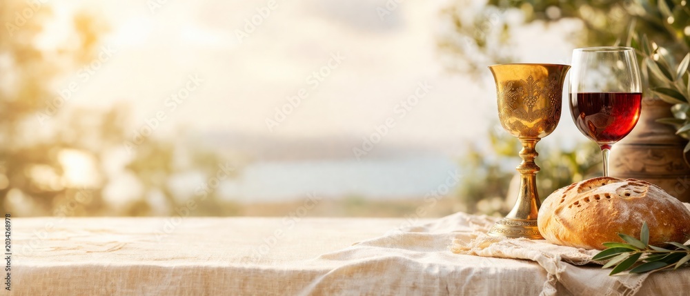 Fototapeta premium Corpus Christi celebration setting with chalice, wine, and bread on table, background