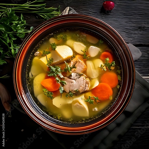 Hearty stew with chicken, potatoes, and carrots