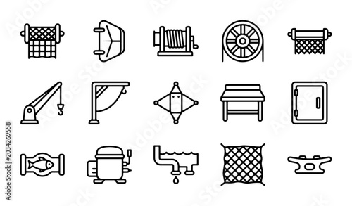 Foto Fishing Gear Icons Set, Marine Equipment Vector Graphics, Nautical Tools Collect
