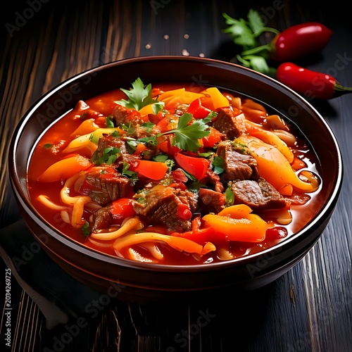 Hearty stew with noodles, peppers, and meat