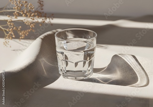 Glass of water with dried flowers in soft natural light