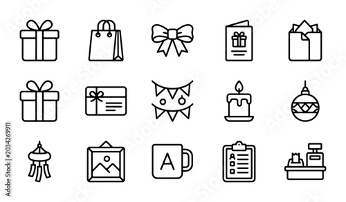 Canvastavla Festive Icons Set: Gifts, Decorations, Celebrations, Shopping, and Presents Vect