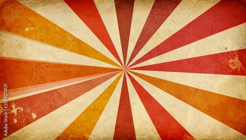 Vintage radial burst with triangular rays, warm red orange yellow beige tones, textured worn paper background, nostalgic retro design, poster-style attention focus, classic graphic art composition.