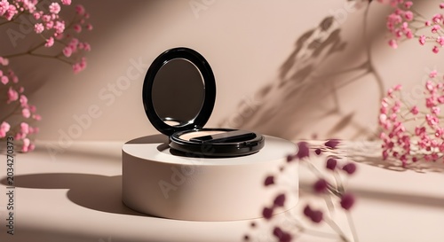 Compact powder makeup with floral arrangement beauty product still life