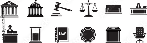A black and white graphic illustration depicts various legal icons and elements. A courthouse building, a gavel, scales of justice, a judge's chair, and a lawyer's desk are prominently displayed.