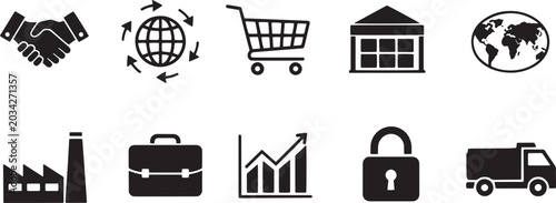 A collection of black silhouette icons represents various business and logistics concepts.