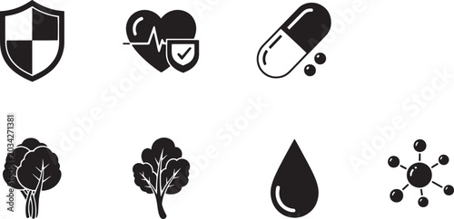 A collection of black and white icons representing health and wellness. The icons include a shield, a heart with a checkmark, a pill, a tree, a leaf, a water droplet, and a molecular structure.